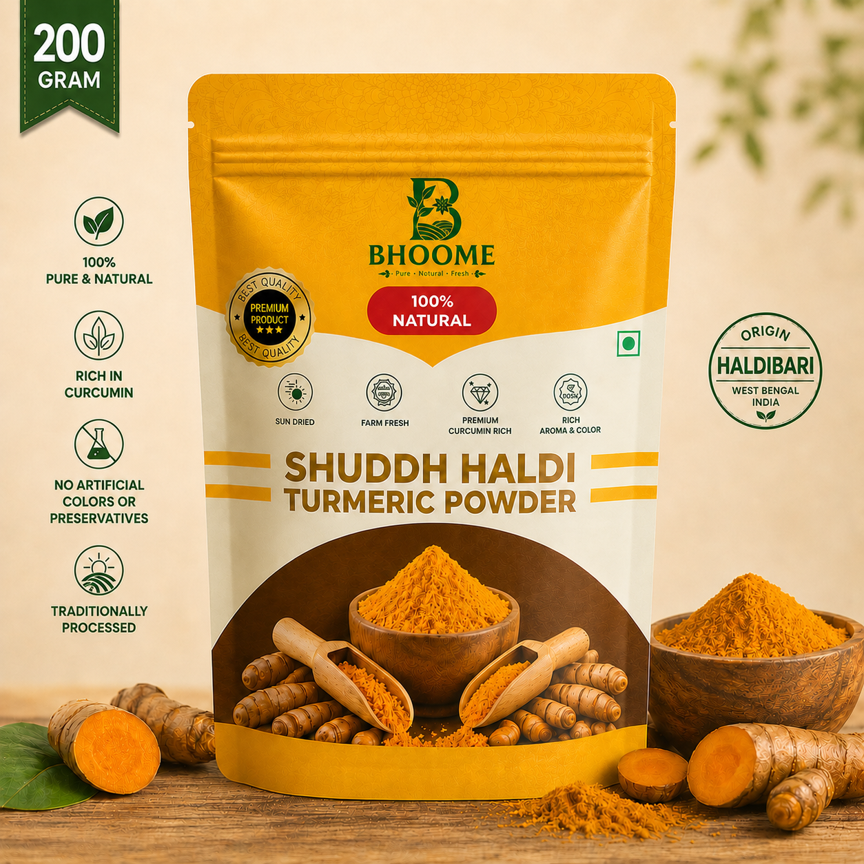 Bhoome  Haldi Powder | 100% Natural & Sun Dried Turmeric Powder ( 200gm )