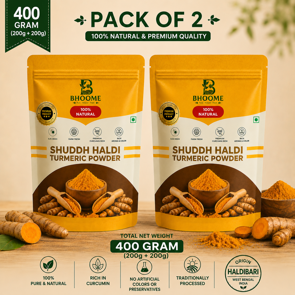 Bhoome Natural Haldi Powder – 400g (Pack of 2 x 200g)